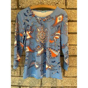 J.Mclaughlin Blue & Orange Nautical Print Top With 3/4 Sleeves Womens Size M
